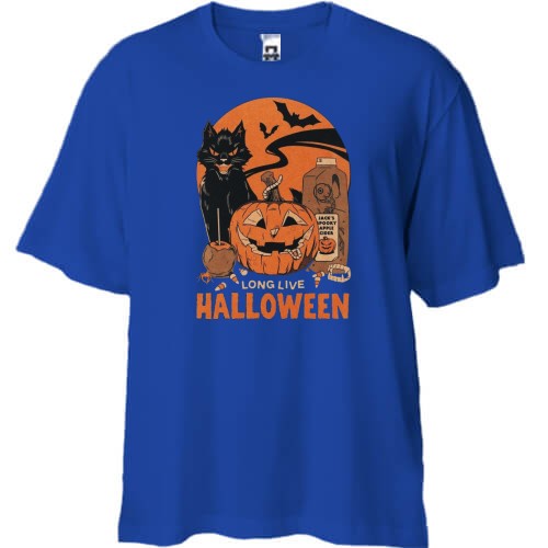 Футболка oversize с черным котом, резной тыквой, яблочным сидром и надписью «Long Live Halloween»