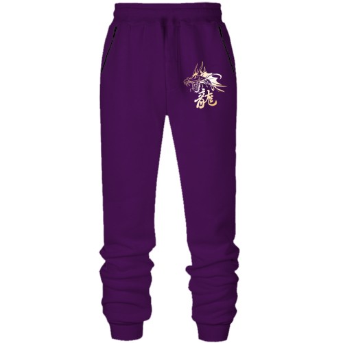 Чоловічі штани на флісі із золотистим китайським драконом та каліграфічним ієрогліфом
