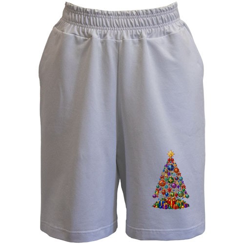 Женские  шорты с новогодней ёлкой из ёлочных игрушек и подарками