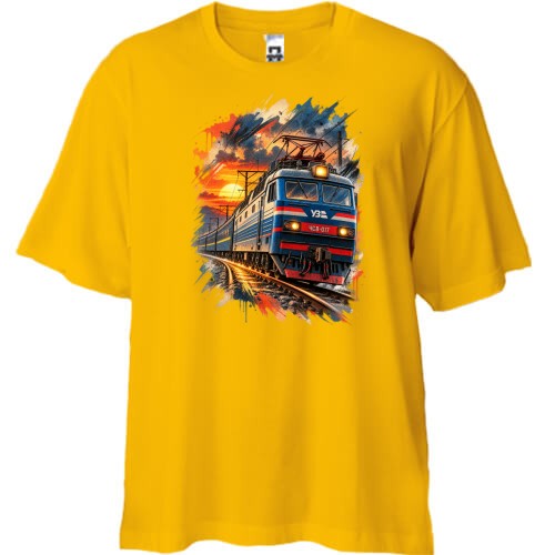 Футболка oversize с поездами и электровозом ЧС8 на фоне заката