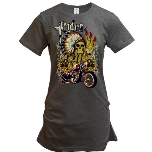 Подовжена футболка зі скелетом-індіанцем і мотоциклом