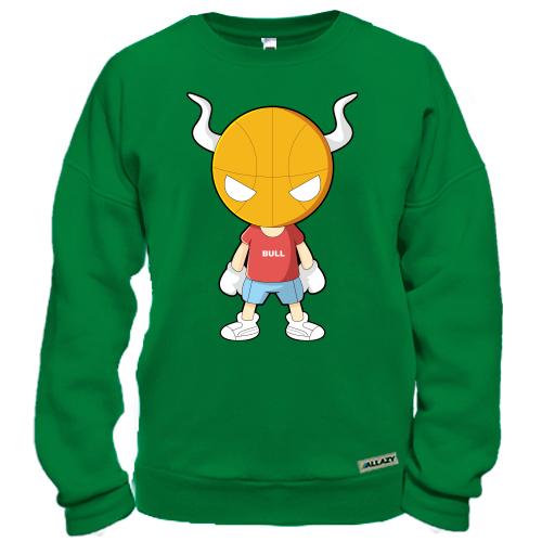 Свитшот с мультяшным персонажем-быком с головой в виде баскетбольного мяча и надписью «BULL»