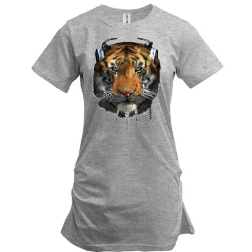 Подовжена футболка з тигром в навушниках