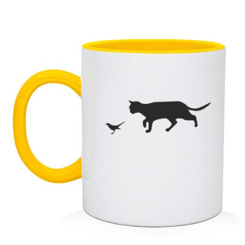 Чашка кот с птичкой