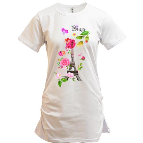 Подовжена футболка з Ейфелевою вежею і квітами 
