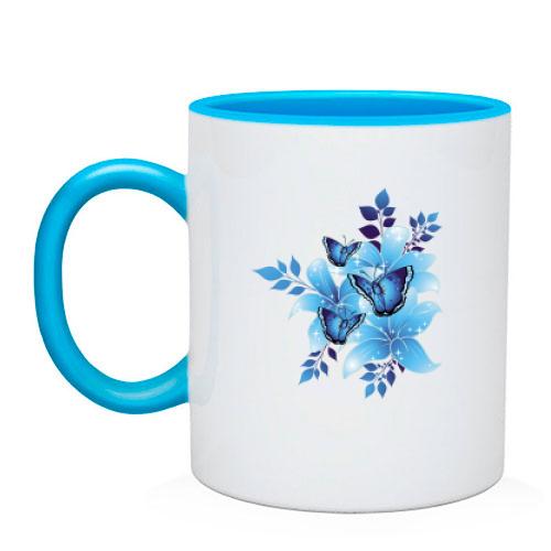Чашка с синими цветами и бабочками
