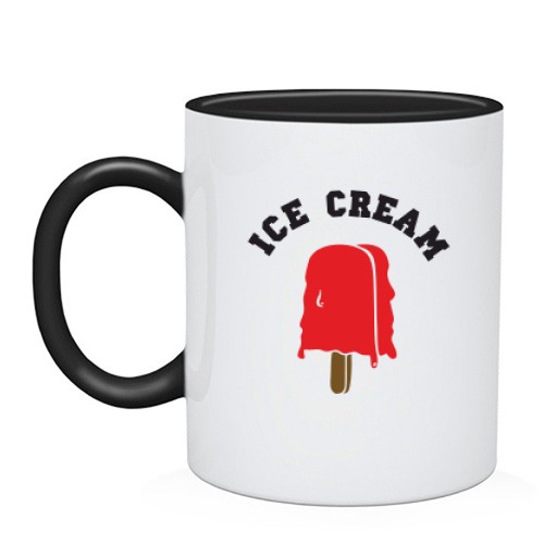 Чашка с красным фруктовым льдом на палочке и надписью «ICE CREAM»