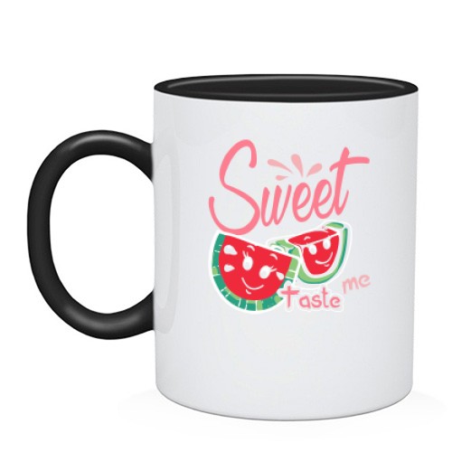 Чашка с влюбленными дольками арбуза и надписью «Sweet taste me»