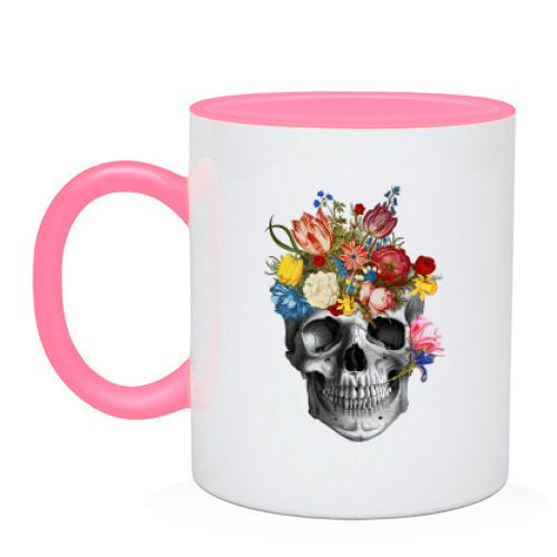 Чашка з черепом та квітами
