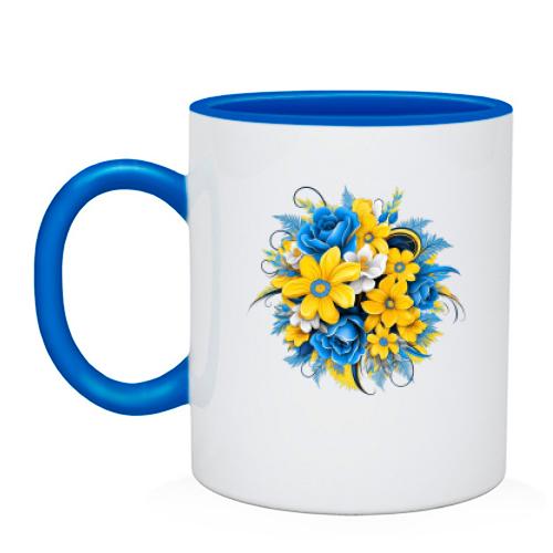 Чашка з жовто-синім букетом квітів (2)