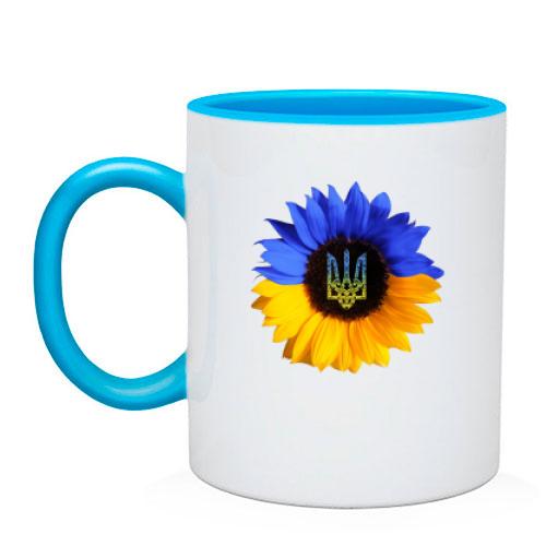Чашка з жовто-синім соняшником з гербом