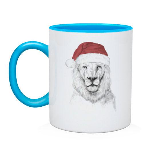 Чашка с львом в шапке Санты