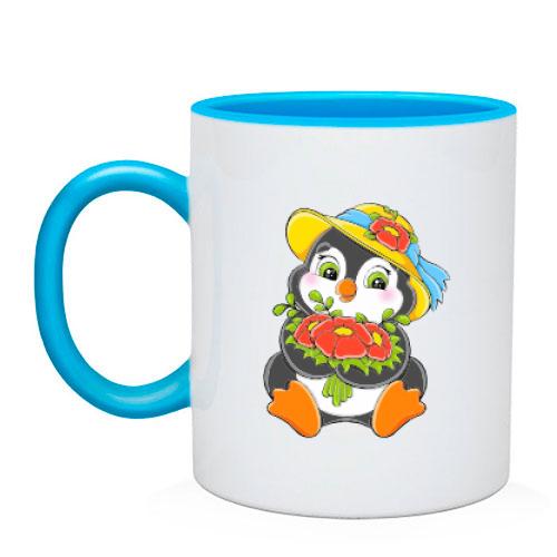 Чашка с пингвином и цветами