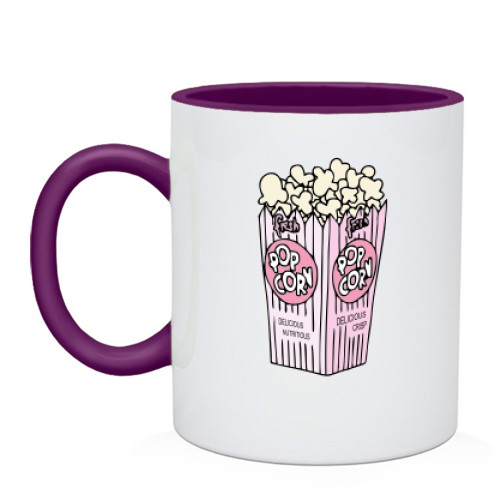 Чашка із рожевою смугастою коробкою попкорну та написами «Pop Corn»