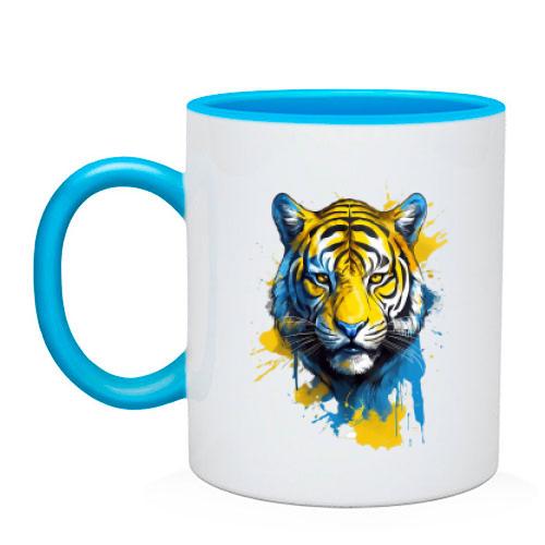 Чашка с тигром в желто-синих красках
