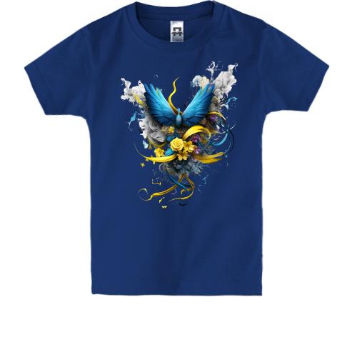 Детская футболка Птица на желто-синим букете (арт)