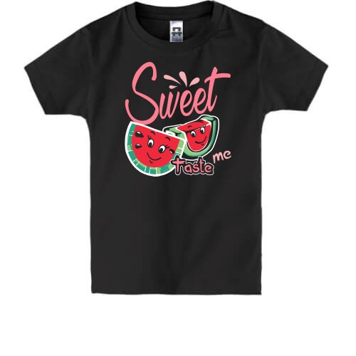 Детская футболка с влюбленными дольками арбуза и надписью «Sweet taste me»