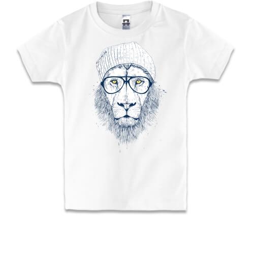 Детская футболка лев-хипстер в шапке и очках