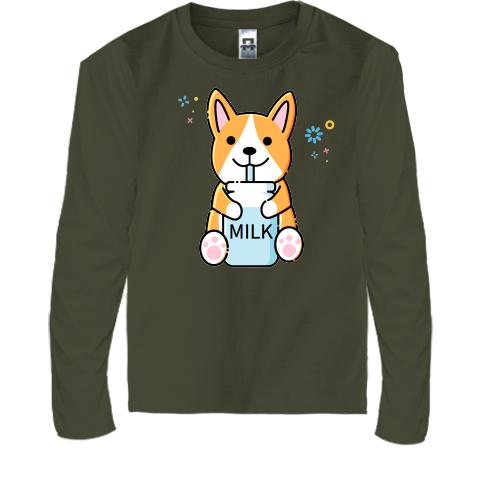 Дитячий лонгслів Corgi drinks Milk