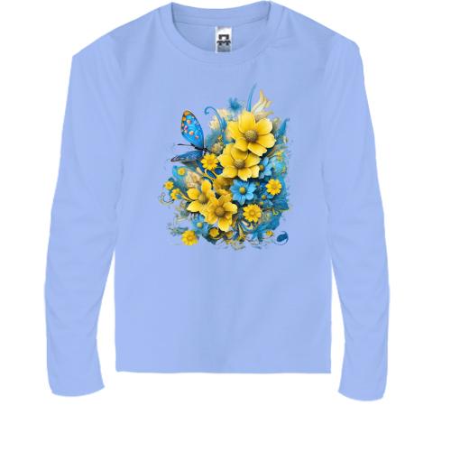 Дитячий лонгслів Жовто-синій квітковий арт з метеликом