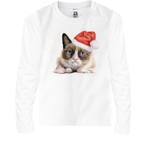 Детская футболка с длинным рукавом с грустным котом в шапке Санты