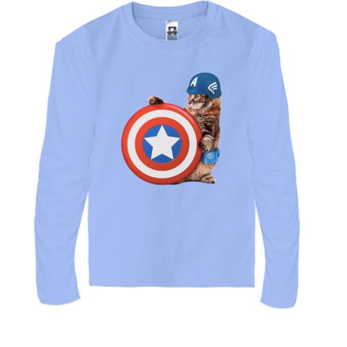Детская футболка с длинным рукавом с котом - Капитан Америка