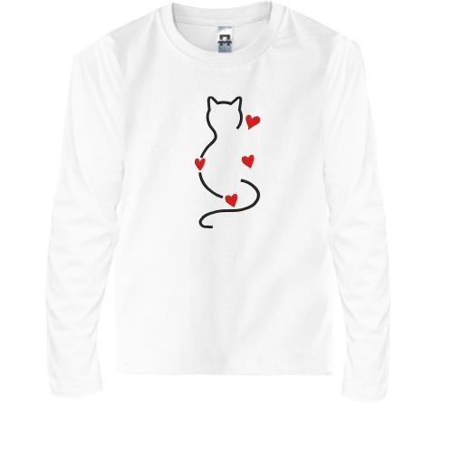 Детская футболка с длинным рукавом силуэт кота с сердечками