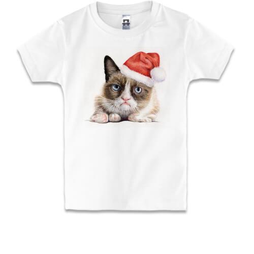 Дитяча футболка з сумним котом у шапці Санти