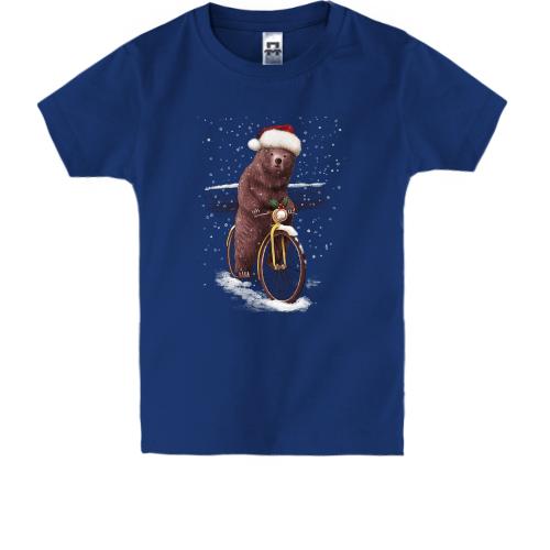 Дитяча футболка з ведмедем у шапці Санти та на велосипеді