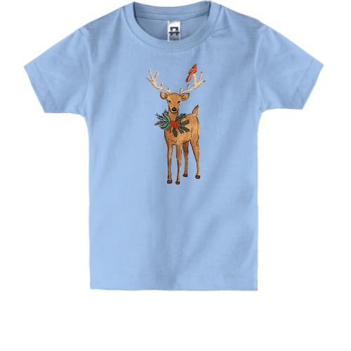 Детская футболка с рождественским оленем и птичкой