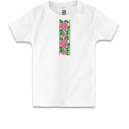 Дитяча футболка з рожевими квітами вишиванкою