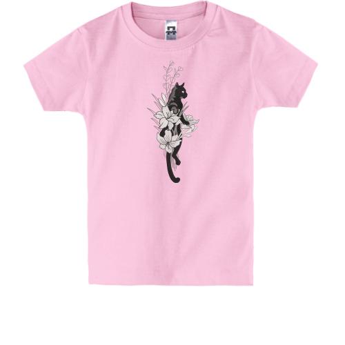 Детская футболка с вышитым котом в черно-белых цветах