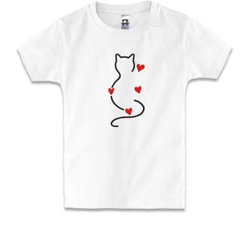 Детская футболка силуэт кота с сердечками