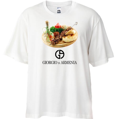 Футболка oversize із зображенням шашлику та пародійним логотипом «Giorgio s ARMENIA»