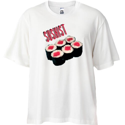 Футболка oversize с роллами маки и надписью «SUSHIST»