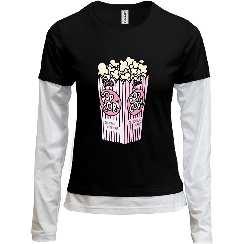 Женский лонгслив Комби с розовой полосатой коробкой попкорна и надписями «Pop Corn»