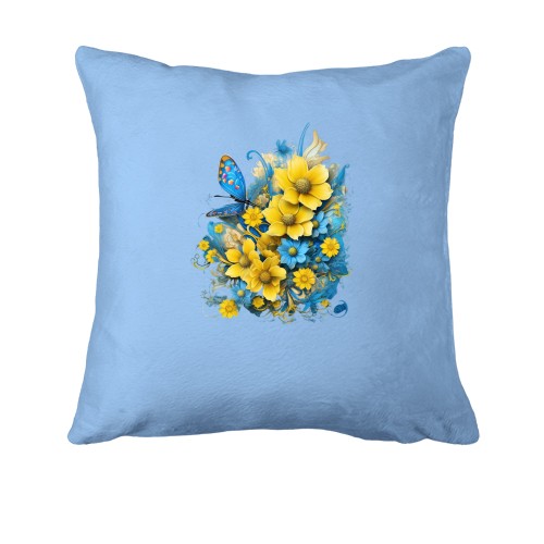 Подушка Желто-синий цветочный арт с бабочкой