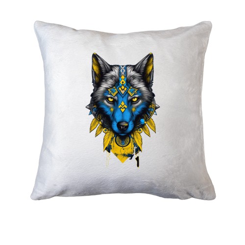 Подушка Волк с желто-синим артом