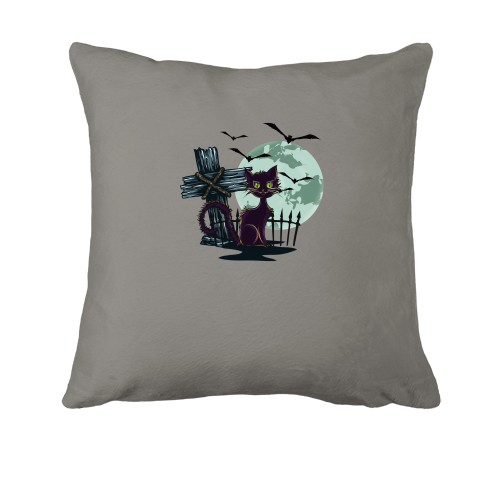 Подушка с черным котом на кладбище на фоне луны