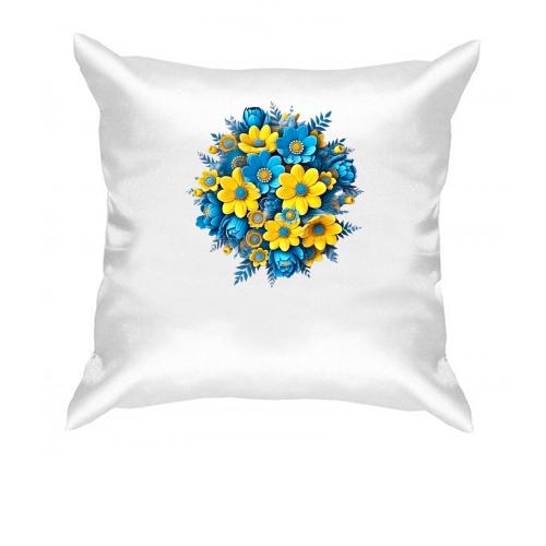 Подушка с желто-синим букетом цветов (АРТ)