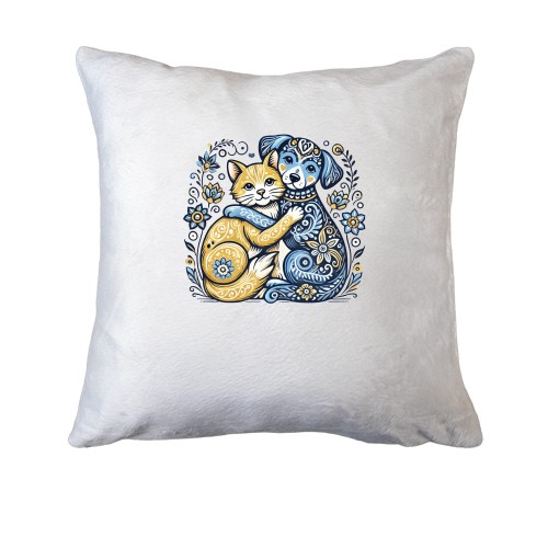 Подушка с желто-синим котиком и собачкой