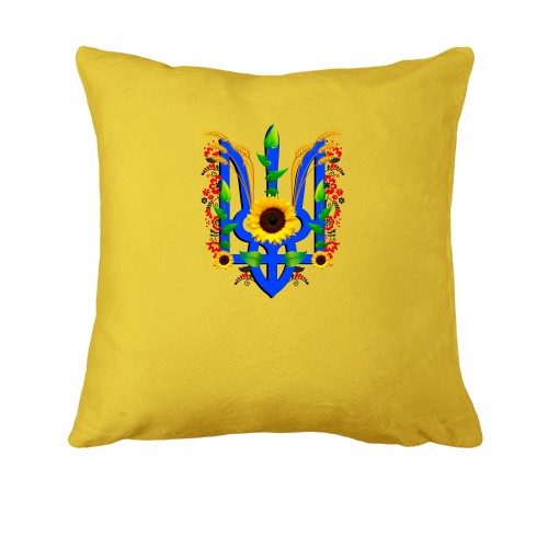 Подушка с тризубом, украшеным колосками и подсолнухами