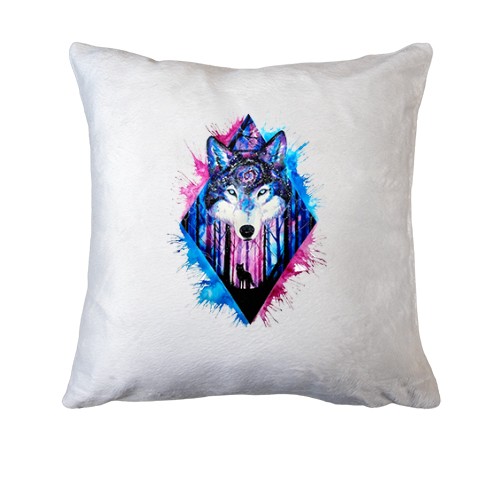 Подушка с волком в акварельной абстракции