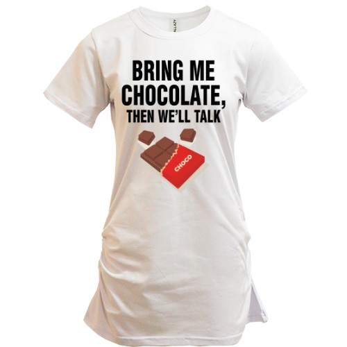 Удлиненная футболка с надписью «BRING ME CHOCOLATE, THEN WE'LL TALK» и плиткой шоколада