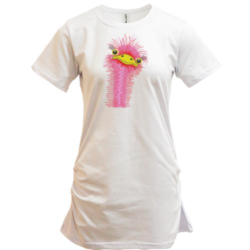 Подовжена футболка з вишитим страусятком - дівчинкою