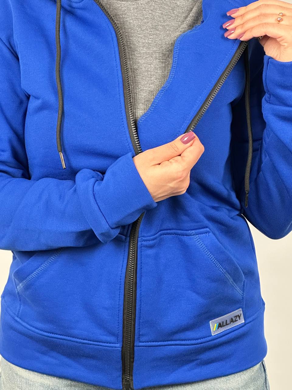 Синяя женская худи без начеса на молнии "ALLAZY" реальное фото Синяя женская худи без начеса на молнии "ALLAZY" реальное фото