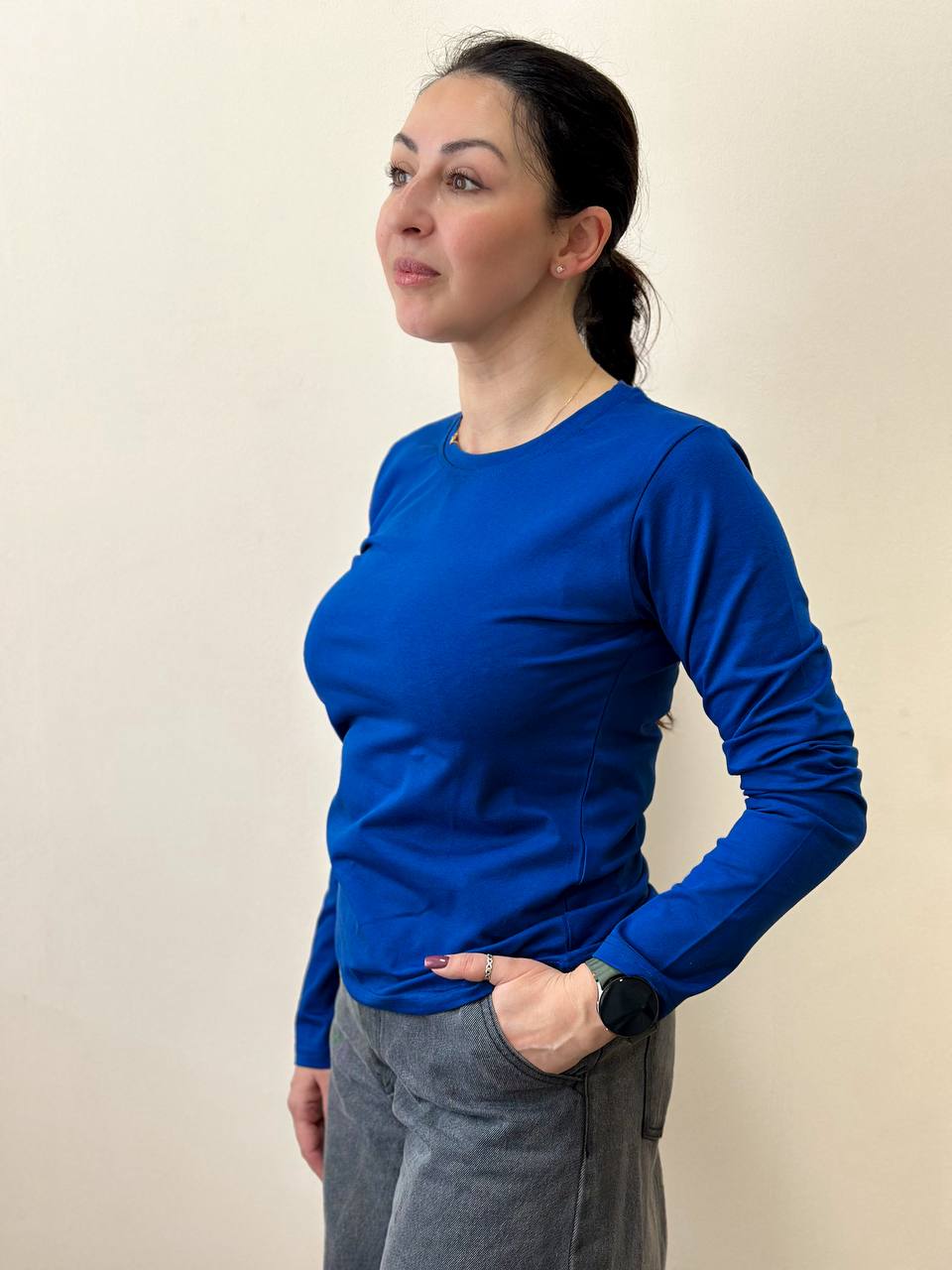 Синій жіночий лонгслів "ALLAZY" реальне фото