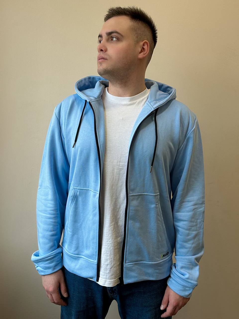 Чоловіча блакитна худі без начісу на блискавці "ALLAZY" реальне фото