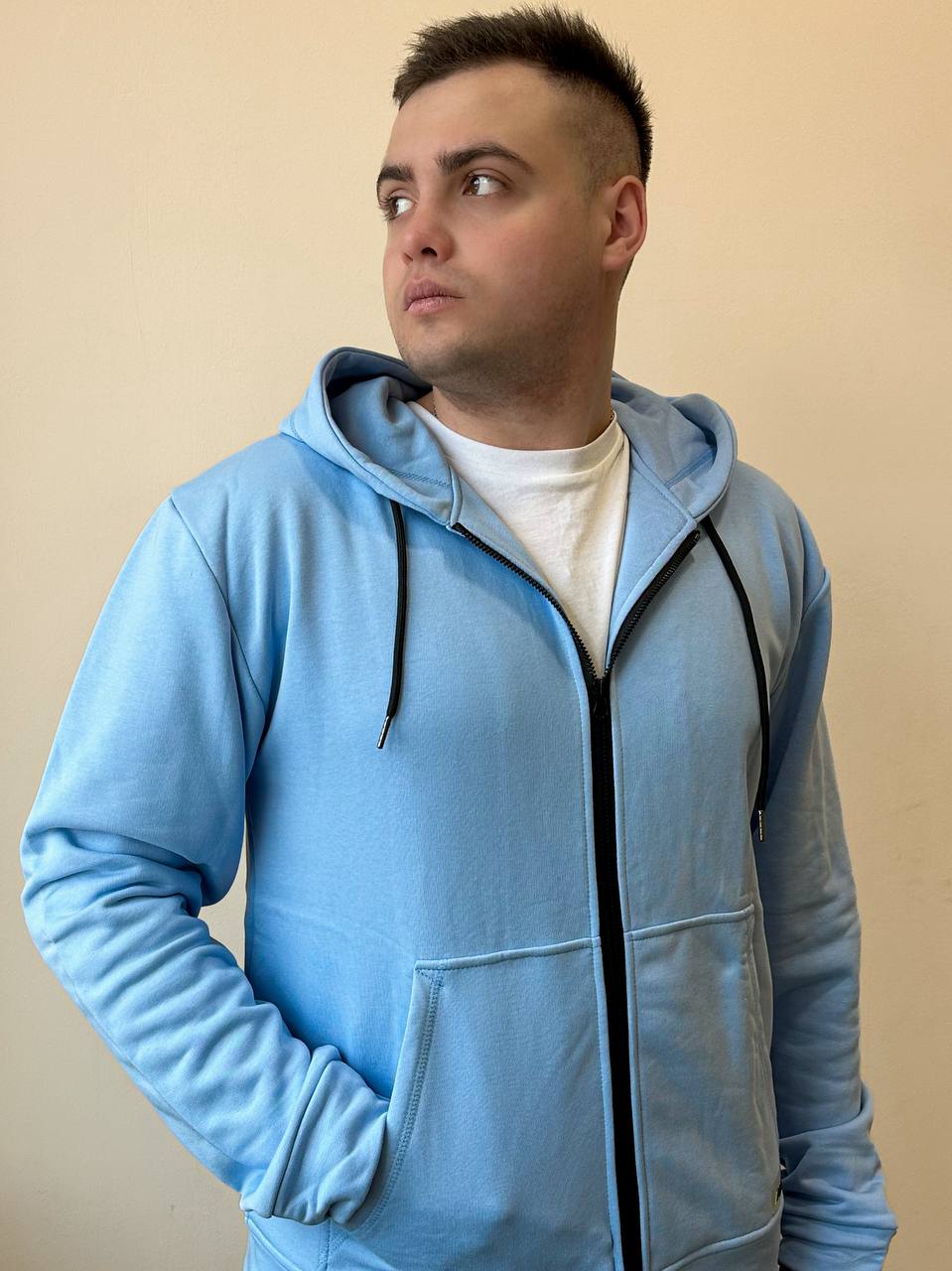 Чоловіча блакитна худі без начісу на блискавці "ALLAZY" реальне фото