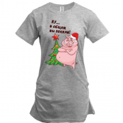 Подовжена футболка з свинкою і ялинкою